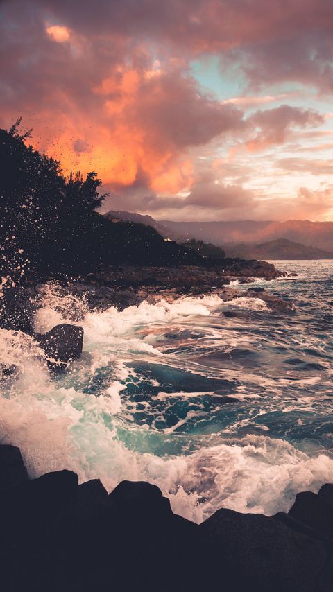 Download wallpaper 2160x3840 sea, coast, waves, spray, dusk, landscape samsung galaxy s4, s5, note, sony xperia z, z1, z2, z3, htc one, lenovo vibe hd background