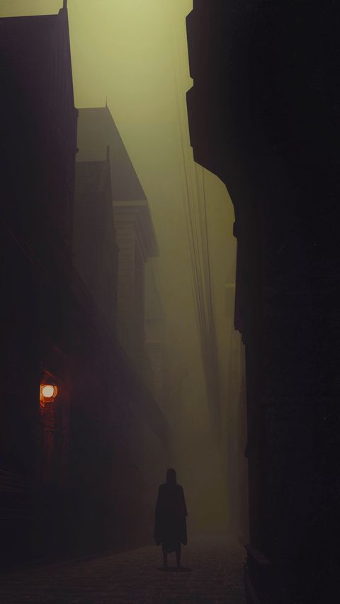 Download wallpaper 2160x3840 silhouette, cloak, alone, street, fog, dark samsung galaxy s4, s5, note, sony xperia z, z1, z2, z3, htc one, lenovo vibe hd background