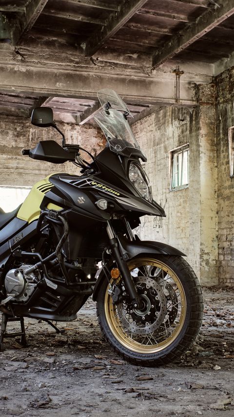 Download wallpaper 2160x3840 suzuki, motorcycle, bike, black, building, ruins samsung galaxy s4, s5, note, sony xperia z, z1, z2, z3, htc one, lenovo vibe hd background