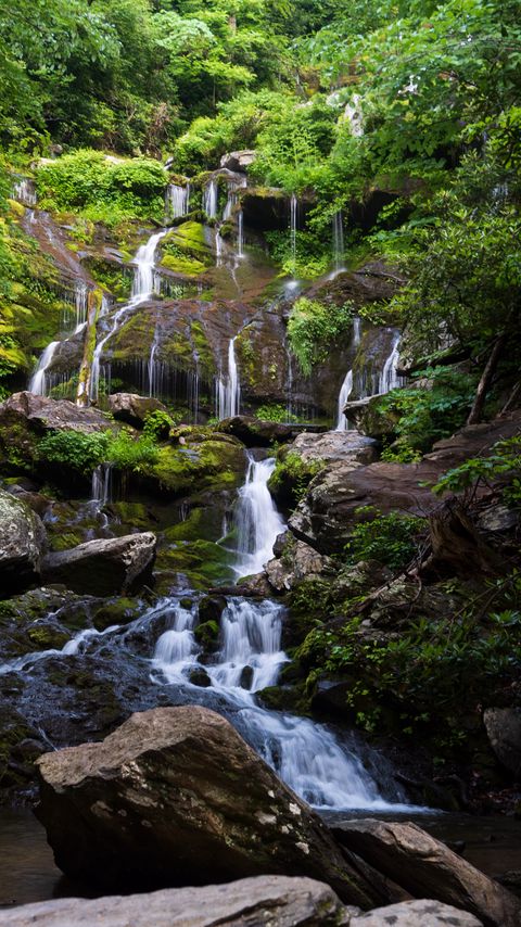 Download wallpaper 2160x3840 waterfall, water, stones, trees, nature, landscape samsung galaxy s4, s5, note, sony xperia z, z1, z2, z3, htc one, lenovo vibe hd background