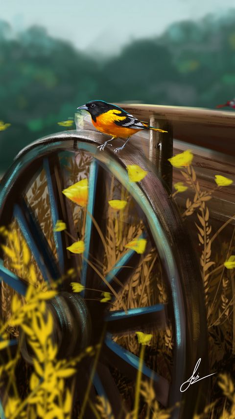 Download wallpaper 2160x3840 bird, cart, wheel, nature, art samsung galaxy s4, s5, note, sony xperia z, z1, z2, z3, htc one, lenovo vibe hd background