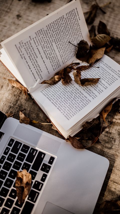 Download wallpaper 2160x3840 book, laptop, leaves, dry, autumn, aesthetics samsung galaxy s4, s5, note, sony xperia z, z1, z2, z3, htc one, lenovo vibe hd background