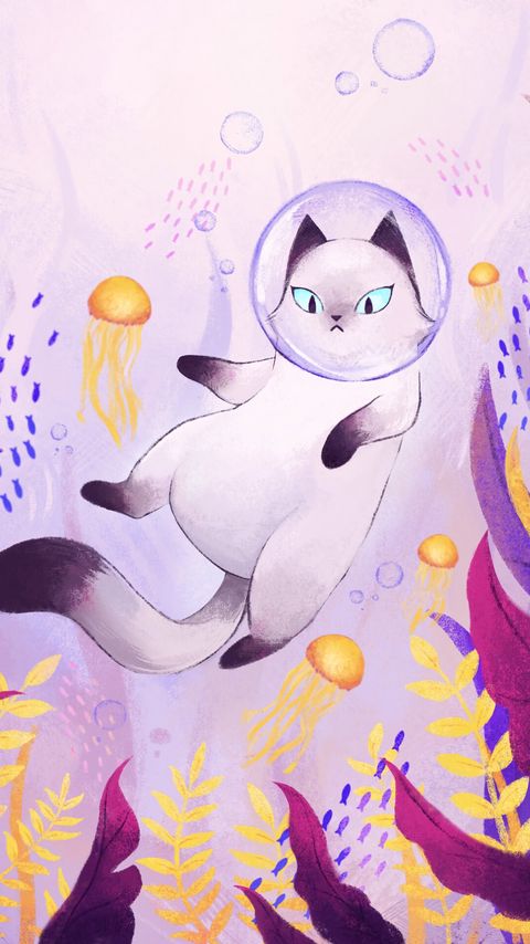 Download wallpaper 2160x3840 cat, bubble, spacesuit, underwater world, art samsung galaxy s4, s5, note, sony xperia z, z1, z2, z3, htc one, lenovo vibe hd background