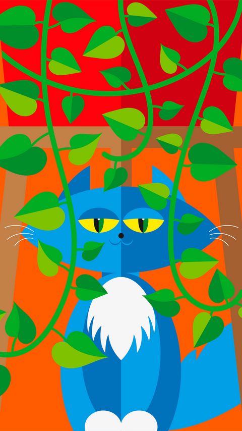 Download wallpaper 2160x3840 cat, pet, leaves, plant, vector, art, cartoon, bright samsung galaxy s4, s5, note, sony xperia z, z1, z2, z3, htc one, lenovo vibe hd background