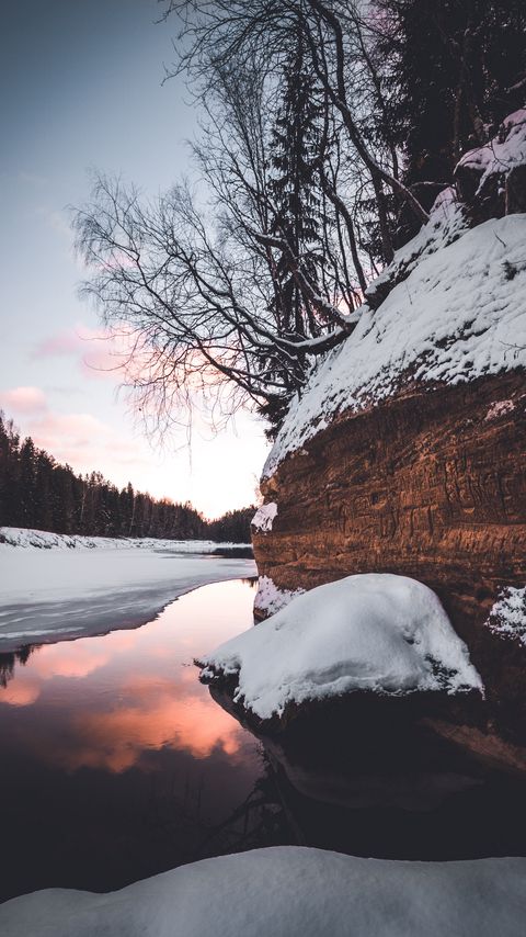 Download wallpaper 2160x3840 cliff, lake, trees, snow, winter, landscape samsung galaxy s4, s5, note, sony xperia z, z1, z2, z3, htc one, lenovo vibe hd background