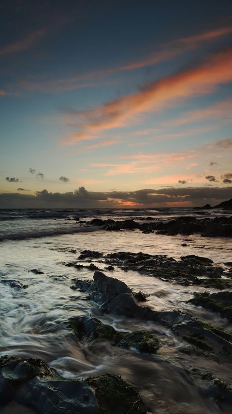 Download wallpaper 2160x3840 coast, rocks, stones, sea, sunset samsung galaxy s4, s5, note, sony xperia z, z1, z2, z3, htc one, lenovo vibe hd background