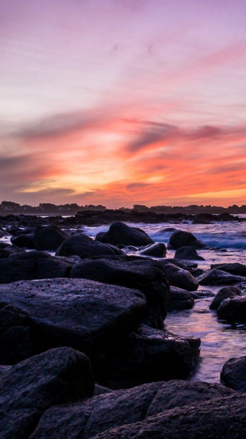 Download wallpaper 2160x3840 coast, stones, sea, water, sunset, landscape samsung galaxy s4, s5, note, sony xperia z, z1, z2, z3, htc one, lenovo vibe hd background