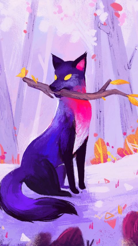 Download wallpaper 2160x3840 fox, stick, autumn, art, purple samsung galaxy s4, s5, note, sony xperia z, z1, z2, z3, htc one, lenovo vibe hd background