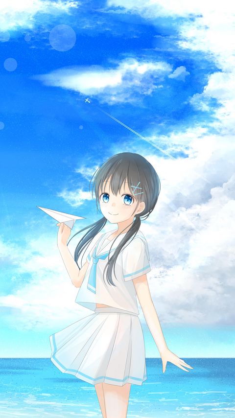 Download wallpaper 2160x3840 girl, airplane, summer, sea, anime, art samsung galaxy s4, s5, note, sony xperia z, z1, z2, z3, htc one, lenovo vibe hd background