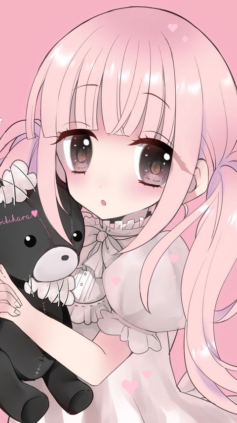 Download wallpaper 2160x3840 girl, bear, toy, anime, art, pink, cute samsung galaxy s4, s5, note, sony xperia z, z1, z2, z3, htc one, lenovo vibe hd background