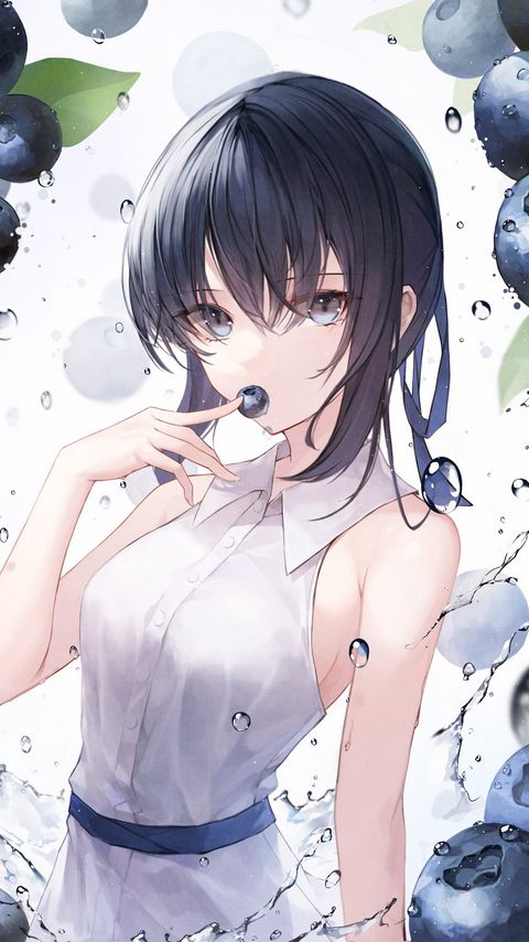 Download wallpaper 2160x3840 girl, blueberries, berries, water, drops, anime samsung galaxy s4, s5, note, sony xperia z, z1, z2, z3, htc one, lenovo vibe hd background