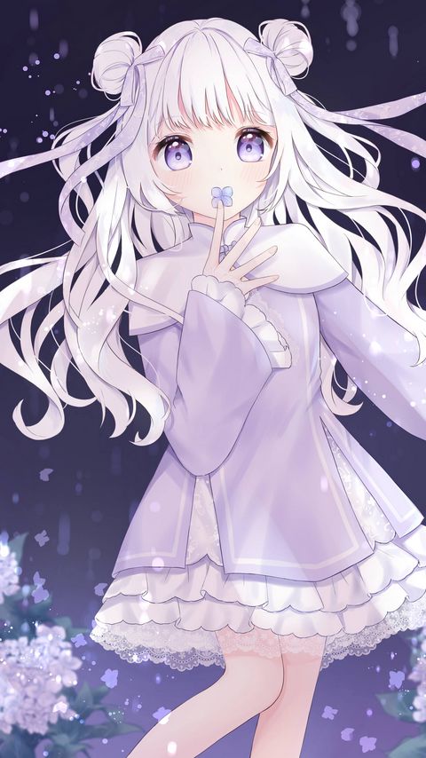 Download wallpaper 2160x3840 girl, dress, flowers, anime, art, purple samsung galaxy s4, s5, note, sony xperia z, z1, z2, z3, htc one, lenovo vibe hd background