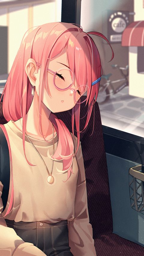 Download wallpaper 2160x3840 girl, glasses, bus, sleep, anime samsung galaxy s4, s5, note, sony xperia z, z1, z2, z3, htc one, lenovo vibe hd background