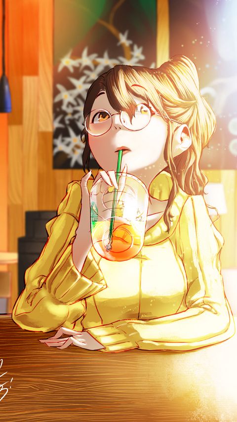 Download wallpaper 2160x3840 girl, glasses, drink, glass, cafe, anime samsung galaxy s4, s5, note, sony xperia z, z1, z2, z3, htc one, lenovo vibe hd background