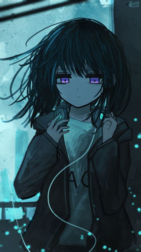 Download wallpaper 2160x3840 girl, headphones, sad, music, anime, art hd background