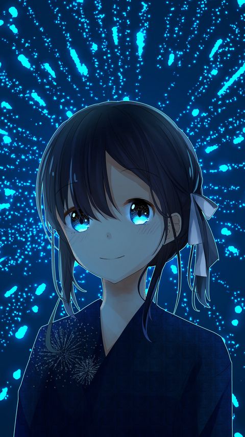 Download wallpaper 2160x3840 girl, kimono, fireworks, sparks, anime, art, blue samsung galaxy s4, s5, note, sony xperia z, z1, z2, z3, htc one, lenovo vibe hd background