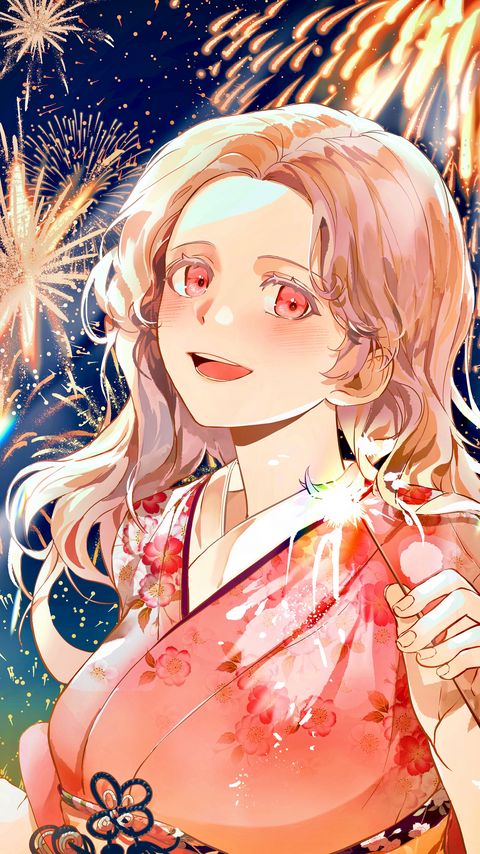 Download wallpaper 2160x3840 girl, kimono, fireworks, sparks, holiday, anime samsung galaxy s4, s5, note, sony xperia z, z1, z2, z3, htc one, lenovo vibe hd background