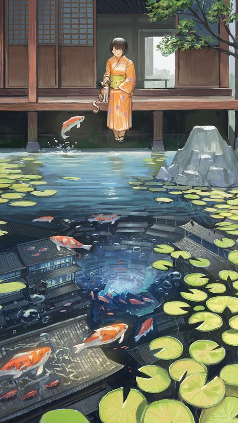 Download wallpaper 2160x3840 girl, kimono, pond, fish, underwater world samsung galaxy s4, s5, note, sony xperia z, z1, z2, z3, htc one, lenovo vibe hd background