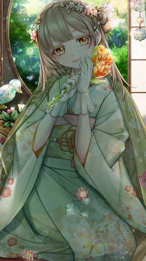 Download wallpaper 2160x3840 girl, kimono, tulips, bouquet, anime, art, cartoon samsung galaxy s4, s5, note, sony xperia z, z1, z2, z3, htc one, lenovo vibe hd background