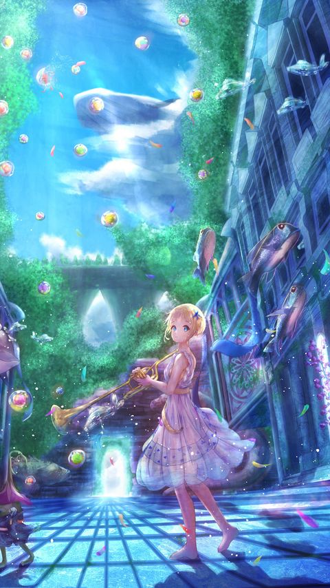 Download wallpaper 2160x3840 girl, musical instrument, underwater world, anime, art samsung galaxy s4, s5, note, sony xperia z, z1, z2, z3, htc one, lenovo vibe hd background