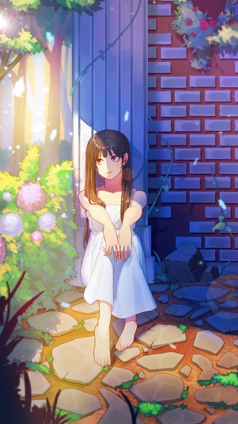 Download wallpaper 2160x3840 girl, sad, garden, anime, art samsung galaxy s4, s5, note, sony xperia z, z1, z2, z3, htc one, lenovo vibe hd background