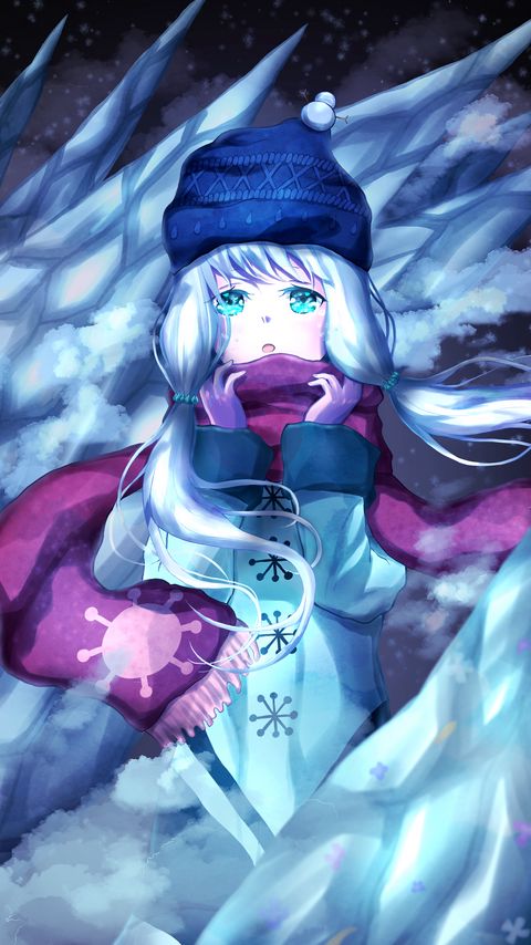 Download wallpaper 2160x3840 girl, scarf, winter, ice, anime, art, cartoon samsung galaxy s4, s5, note, sony xperia z, z1, z2, z3, htc one, lenovo vibe hd background