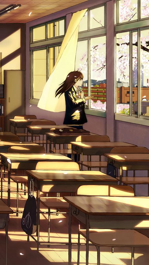 Download wallpaper 2160x3840 girl, schoolgirl, desks, sakura, anime samsung galaxy s4, s5, note, sony xperia z, z1, z2, z3, htc one, lenovo vibe hd background