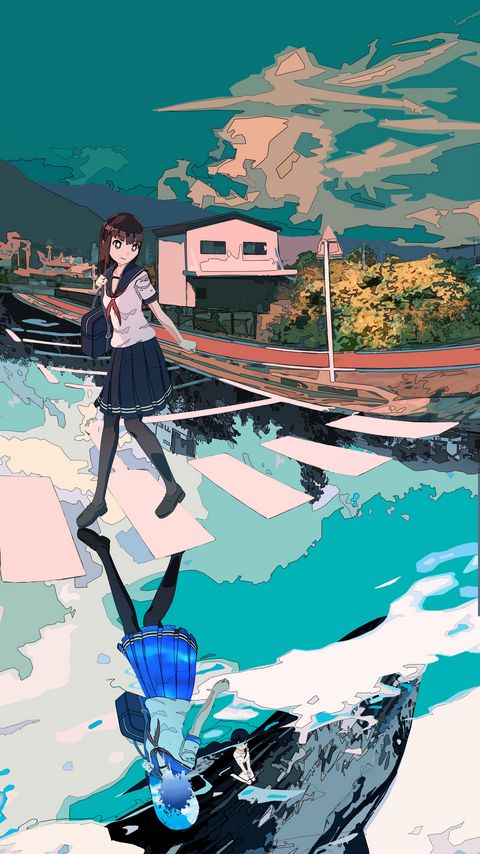 Download wallpaper 2160x3840 girl, schoolgirl, road, reflection, anime, art samsung galaxy s4, s5, note, sony xperia z, z1, z2, z3, htc one, lenovo vibe hd background