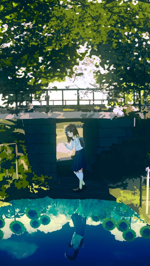 Download wallpaper 2160x3840 girl, schoolgirl, trees, lake, anime, art samsung galaxy s4, s5, note, sony xperia z, z1, z2, z3, htc one, lenovo vibe hd background