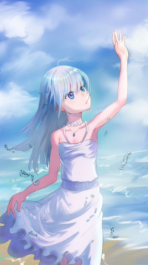 Download wallpaper 2160x3840 girl, sea, beach, drops, anime, art samsung galaxy s4, s5, note, sony xperia z, z1, z2, z3, htc one, lenovo vibe hd background