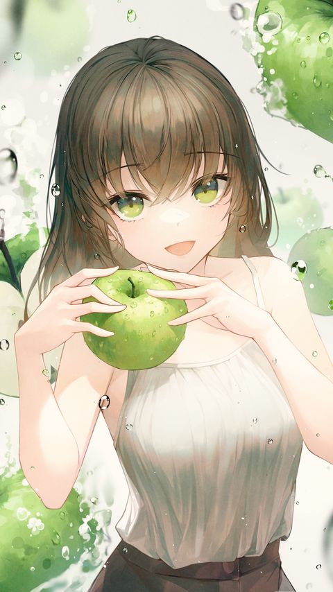 Download wallpaper 2160x3840 girl, smile, apples, water, drops, anime samsung galaxy s4, s5, note, sony xperia z, z1, z2, z3, htc one, lenovo vibe hd background