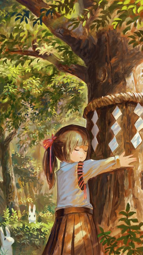 Download wallpaper 2160x3840 girl, tree, hugs, nature, anime, art samsung galaxy s4, s5, note, sony xperia z, z1, z2, z3, htc one, lenovo vibe hd background