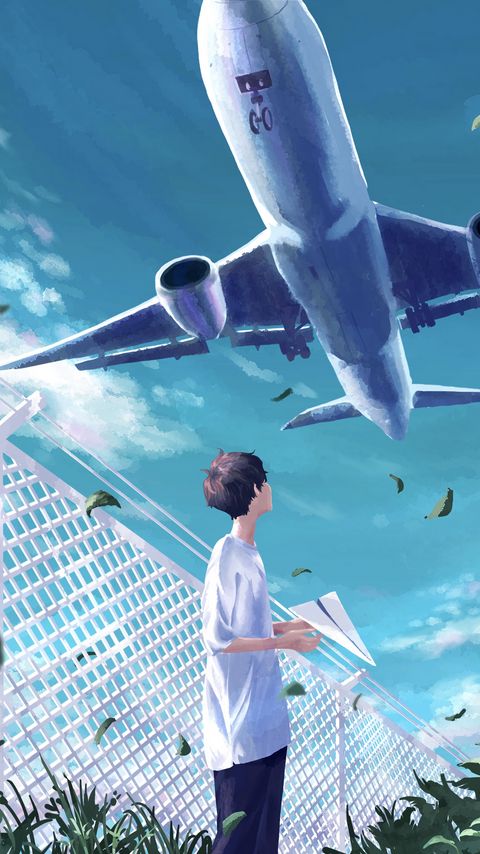 Download wallpaper 2160x3840 guy, plane, sky, anime, art samsung galaxy s4, s5, note, sony xperia z, z1, z2, z3, htc one, lenovo vibe hd background