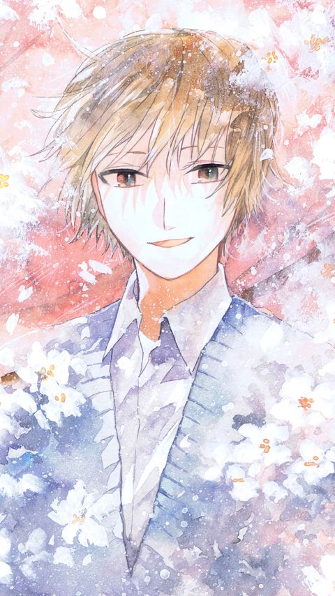 Download wallpaper 2160x3840 guy, smile, flowers, watercolor, anime, art samsung galaxy s4, s5, note, sony xperia z, z1, z2, z3, htc one, lenovo vibe hd background