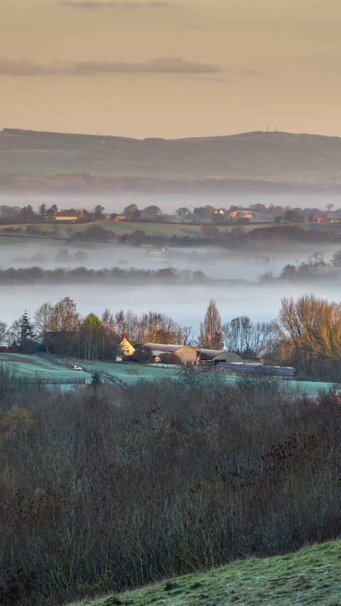 Download wallpaper 2160x3840 houses, hills, trees, fog, aerial view samsung galaxy s4, s5, note, sony xperia z, z1, z2, z3, htc one, lenovo vibe hd background