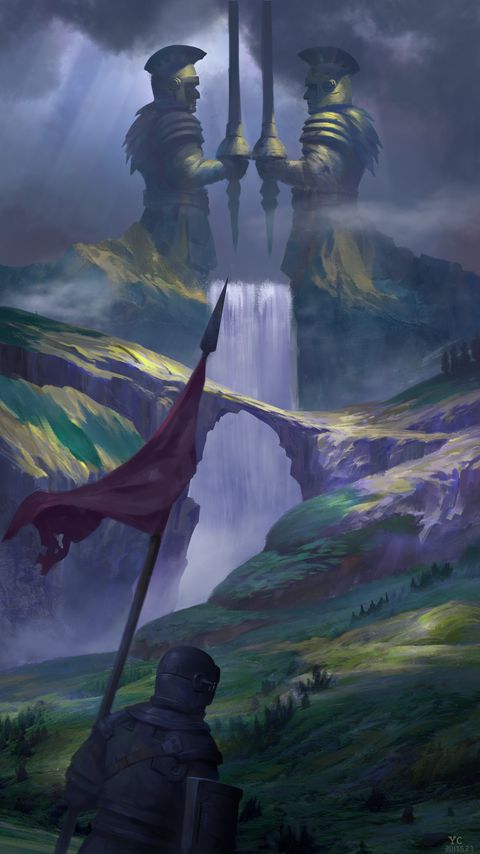 Download wallpaper 2160x3840 knight, warrior, hills, waterfall, middle ages, fantasy, art samsung galaxy s4, s5, note, sony xperia z, z1, z2, z3, htc one, lenovo vibe hd background