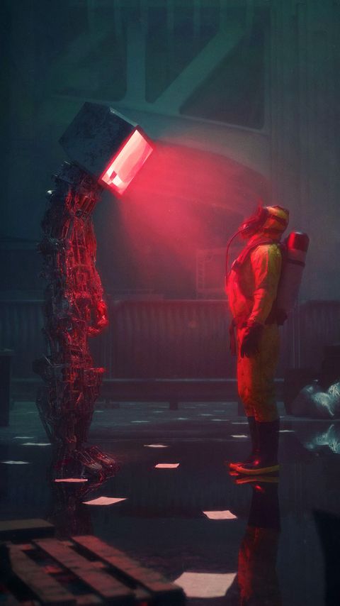 Download wallpaper 2160x3840 man, suit, protection, robot, screen, apocalypse samsung galaxy s4, s5, note, sony xperia z, z1, z2, z3, htc one, lenovo vibe hd background