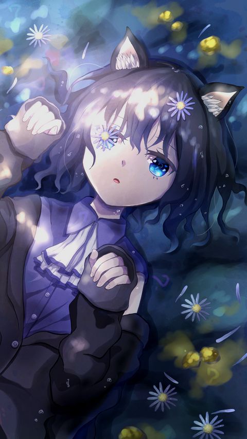 Download wallpaper 2160x3840 neko, girl, flowers, water, anime, art samsung galaxy s4, s5, note, sony xperia z, z1, z2, z3, htc one, lenovo vibe hd background