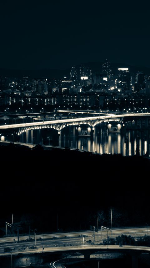 Download wallpaper 2160x3840 night city, bridge, glow, dark, aerial view samsung galaxy s4, s5, note, sony xperia z, z1, z2, z3, htc one, lenovo vibe hd background