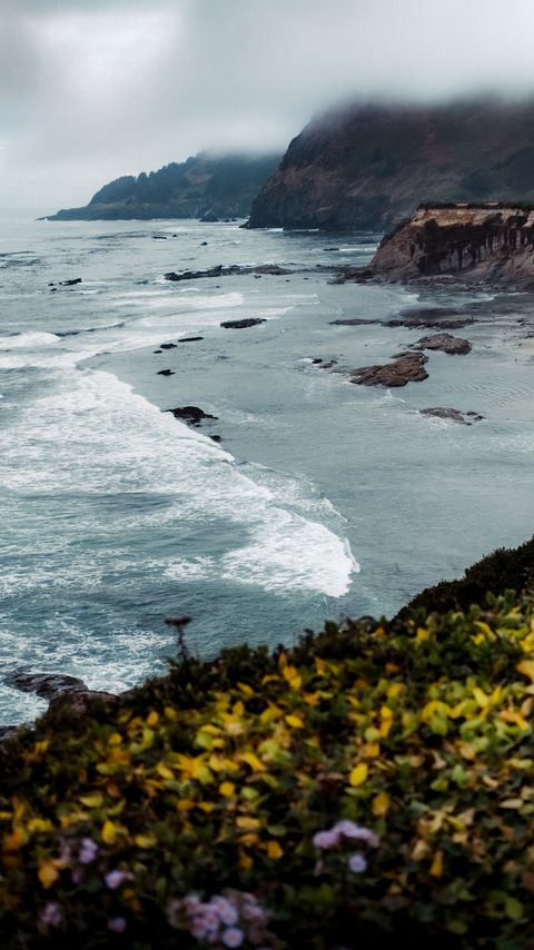 Download wallpaper 2160x3840 rock, cliff, sea, waves, landscape samsung galaxy s4, s5, note, sony xperia z, z1, z2, z3, htc one, lenovo vibe hd background