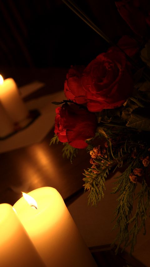 Download wallpaper 2160x3840 roses, flowers, candles, fire, aesthetics, dark samsung galaxy s4, s5, note, sony xperia z, z1, z2, z3, htc one, lenovo vibe hd background