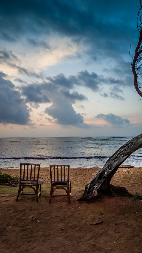 Download wallpaper 2160x3840 sea, shore, chairs, view, twilight, landscape samsung galaxy s4, s5, note, sony xperia z, z1, z2, z3, htc one, lenovo vibe hd background