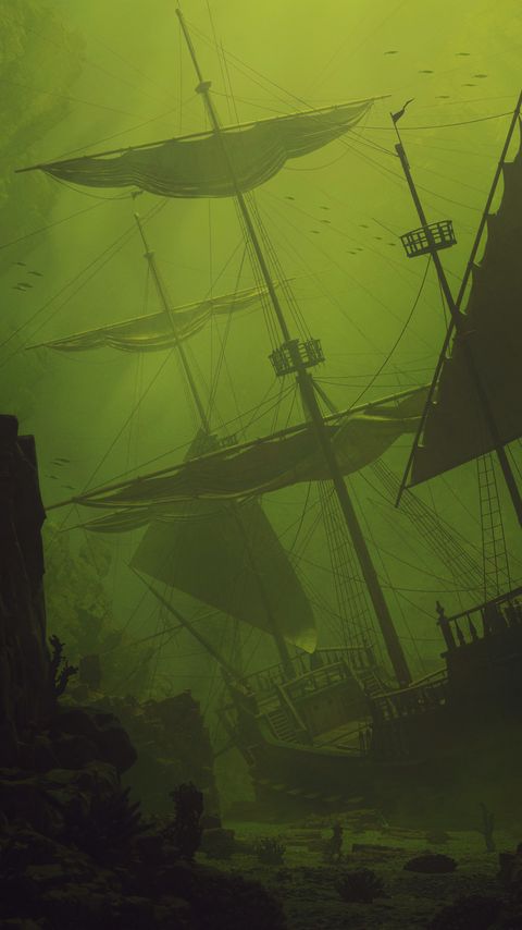 Download wallpaper 2160x3840 ship, sail, underwater, green, dark samsung galaxy s4, s5, note, sony xperia z, z1, z2, z3, htc one, lenovo vibe hd background