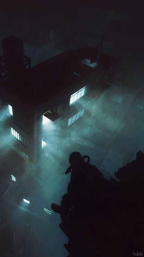 Download wallpaper 2160x3840 silhouette, gas mask, building, night, apocalypse, dark samsung galaxy s4, s5, note, sony xperia z, z1, z2, z3, htc one, lenovo vibe hd background