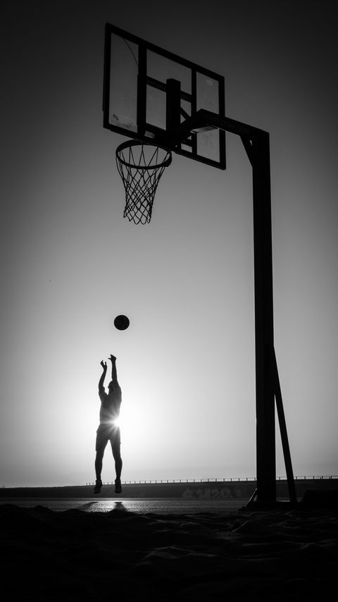 Download wallpaper 2160x3840 silhouette, jump, ball, basketball, sport, black and white samsung galaxy s4, s5, note, sony xperia z, z1, z2, z3, htc one, lenovo vibe hd background