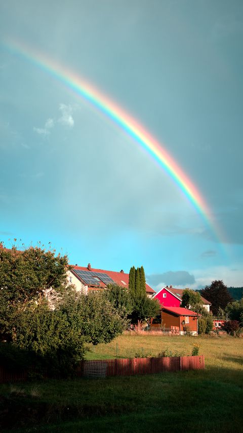 Download wallpaper 2160x3840 village, houses, trees, rainbow, nature samsung galaxy s4, s5, note, sony xperia z, z1, z2, z3, htc one, lenovo vibe hd background