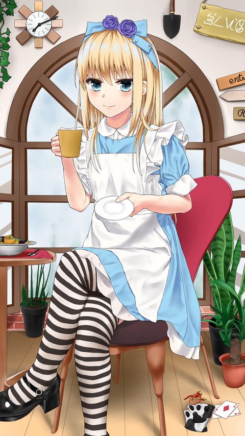 Download wallpaper 2160x3840 alice in wonderland, girl, tea party, dress, anime samsung galaxy s4, s5, note, sony xperia z, z1, z2, z3, htc one, lenovo vibe hd background