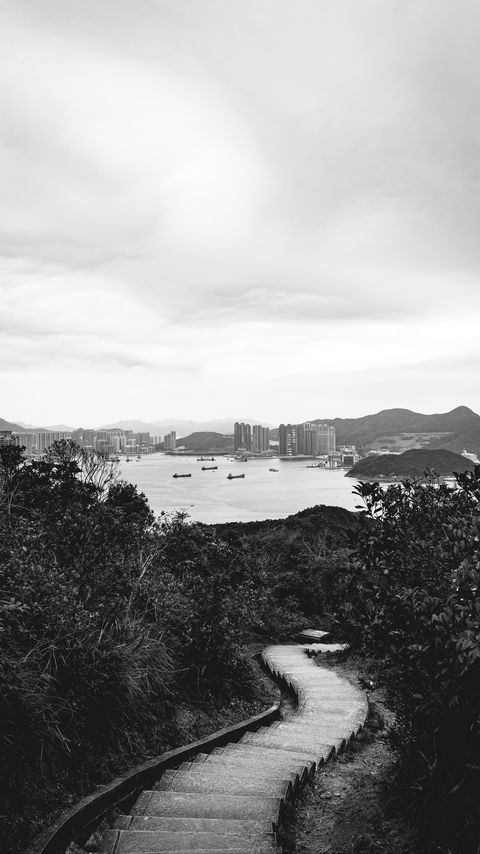 Download wallpaper 2160x3840 bay, city, island, stairs, view, black and white samsung galaxy s4, s5, note, sony xperia z, z1, z2, z3, htc one, lenovo vibe hd background