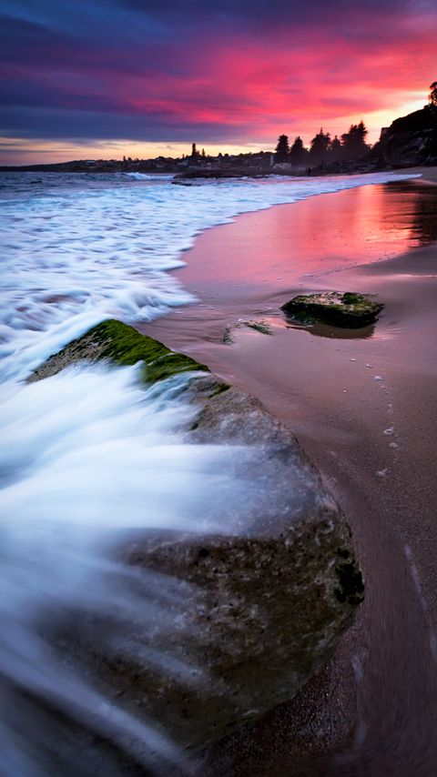 Download wallpaper 2160x3840 beach, sea, foam, sunset samsung galaxy s4, s5, note, sony xperia z, z1, z2, z3, htc one, lenovo vibe hd background