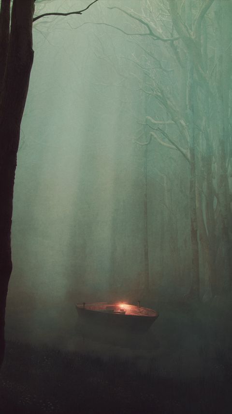 Download wallpaper 2160x3840 boat, light, river, forest, fog, art samsung galaxy s4, s5, note, sony xperia z, z1, z2, z3, htc one, lenovo vibe hd background